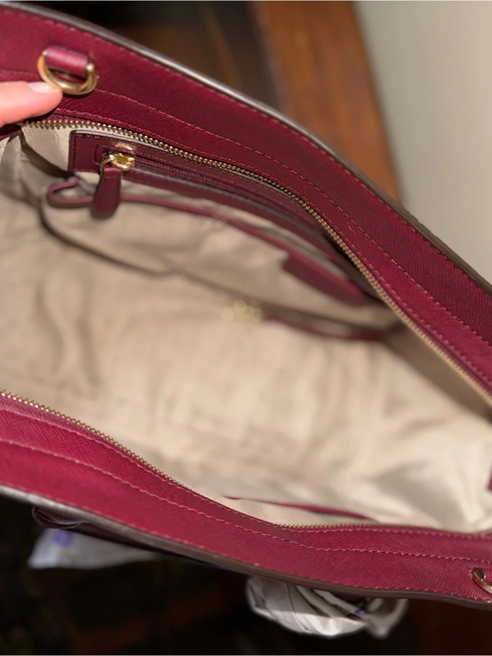 Michael Kors Wine Saffiano Leather Satchel with Scarf Accent